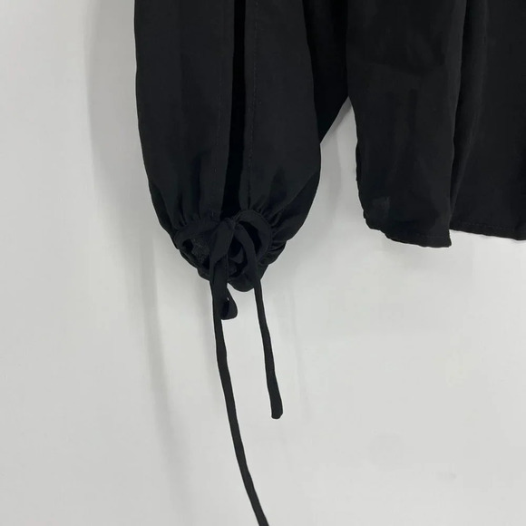H&M Blouse Women's 4 Black Sheer Keyhole Round Neck Front Tie Split Long Sleeves - Picture 7 of 7